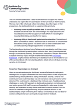 The Civic Impact Dashboard is a data visualisation tool to support HEI staff to understand and explore the civic contribution of their university to their local area. Whereas many HEIs will already collect internal data about the impact of their programmes, the dashboard intends to supplement this activity by: